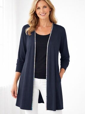 John Roberts Petite Navy Beaded Trim Duster Cardigan 14WP